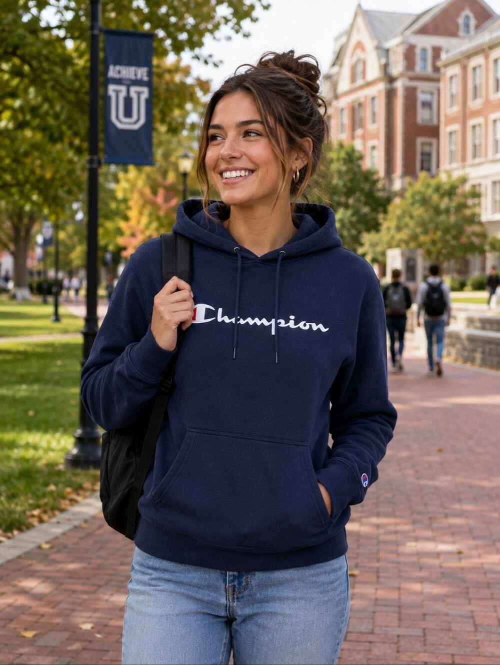 Champion Women's Navy Pullover Hoodie with White Logo